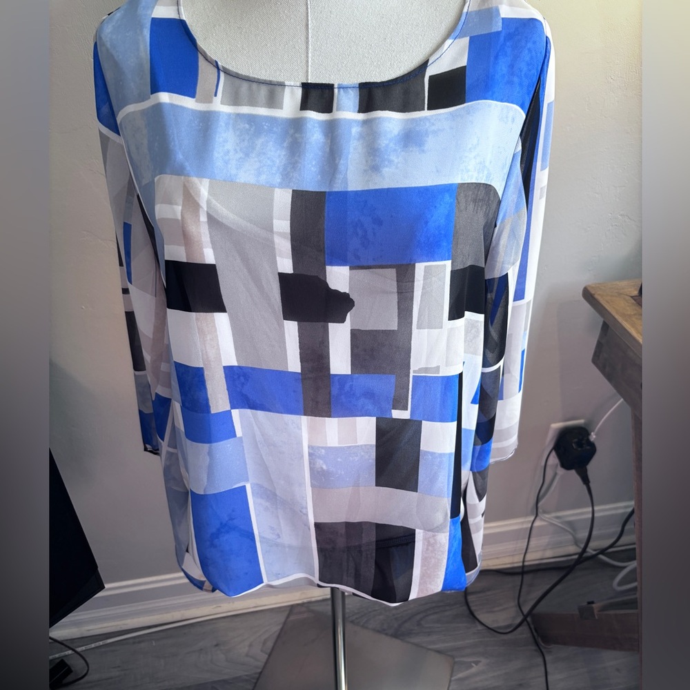 Alfani Blue and Black Geometric Scoop Neck Blouse